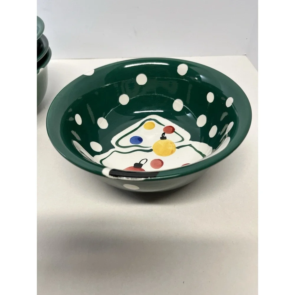 Gibson Everyday Hand-Painted Green and White Christmas Tree Bowls Set Of 4